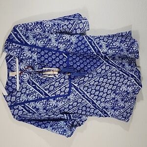 Raga bright blue and white boho short sleeve blouse sz S NWT